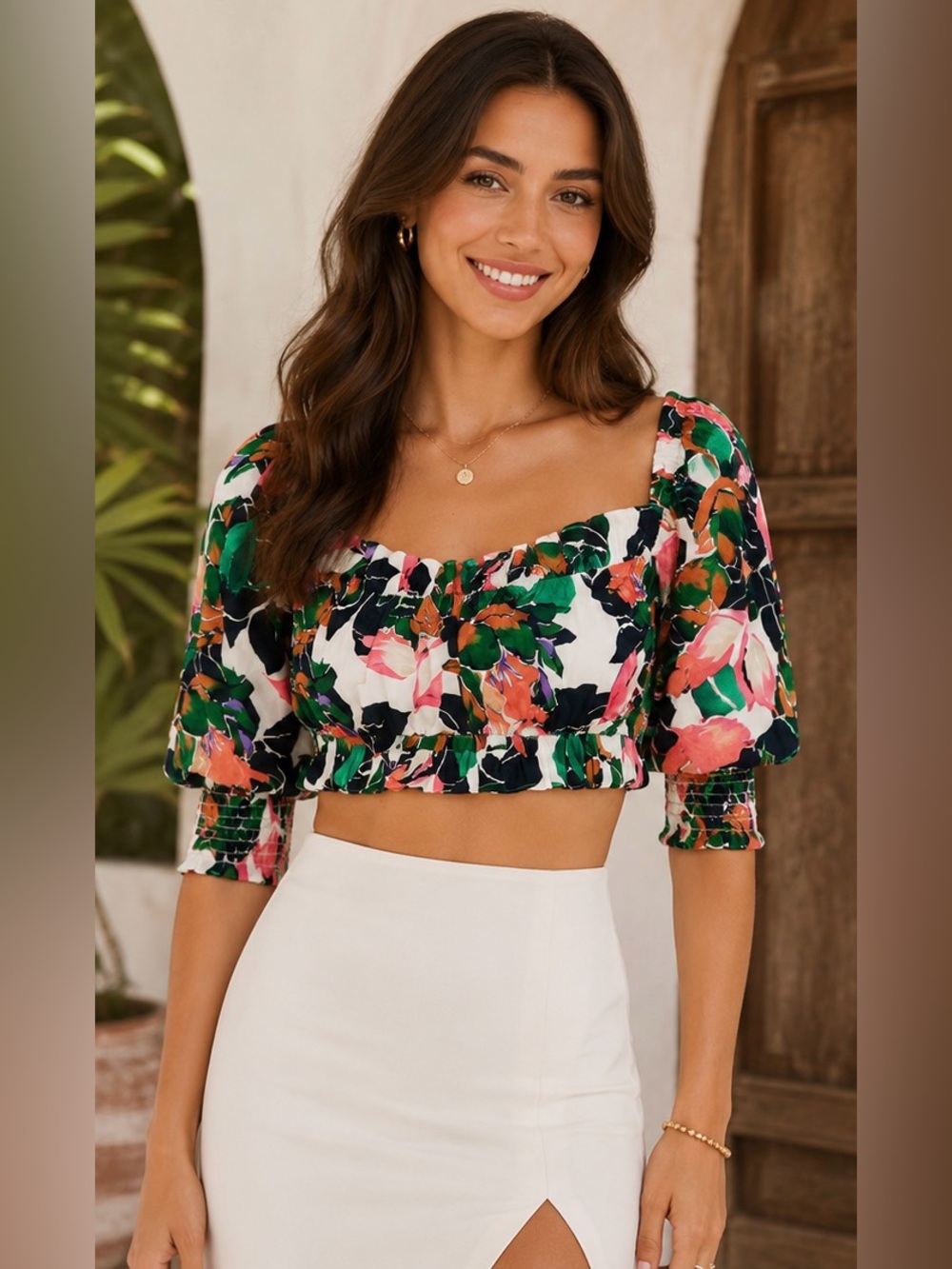 Misa Los Angeles Floral Puff-Sleeve Crop Top in Green, Pink & Black